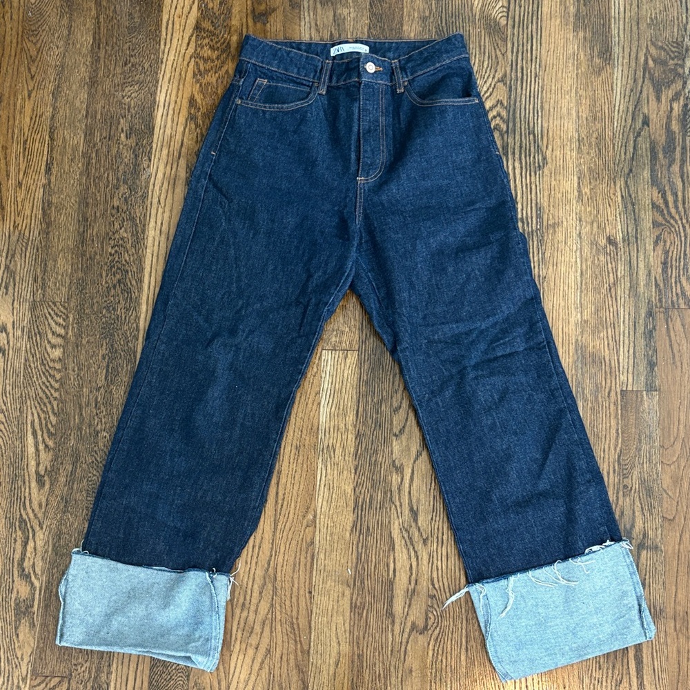 Zara Dark Indigo Blue Wide-Leg Cuffed Jeans